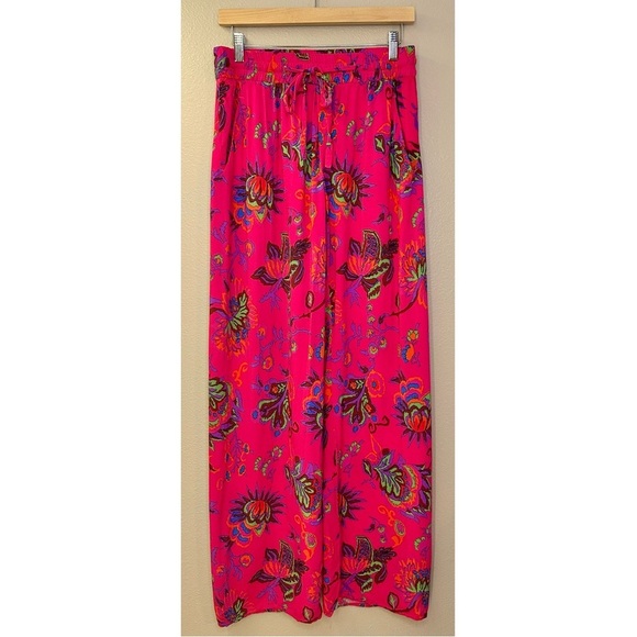 Catherine Malandrino Vibrant Pink Floral High Rise Wide Leg Drawstring Pants - Picture 2 of 7